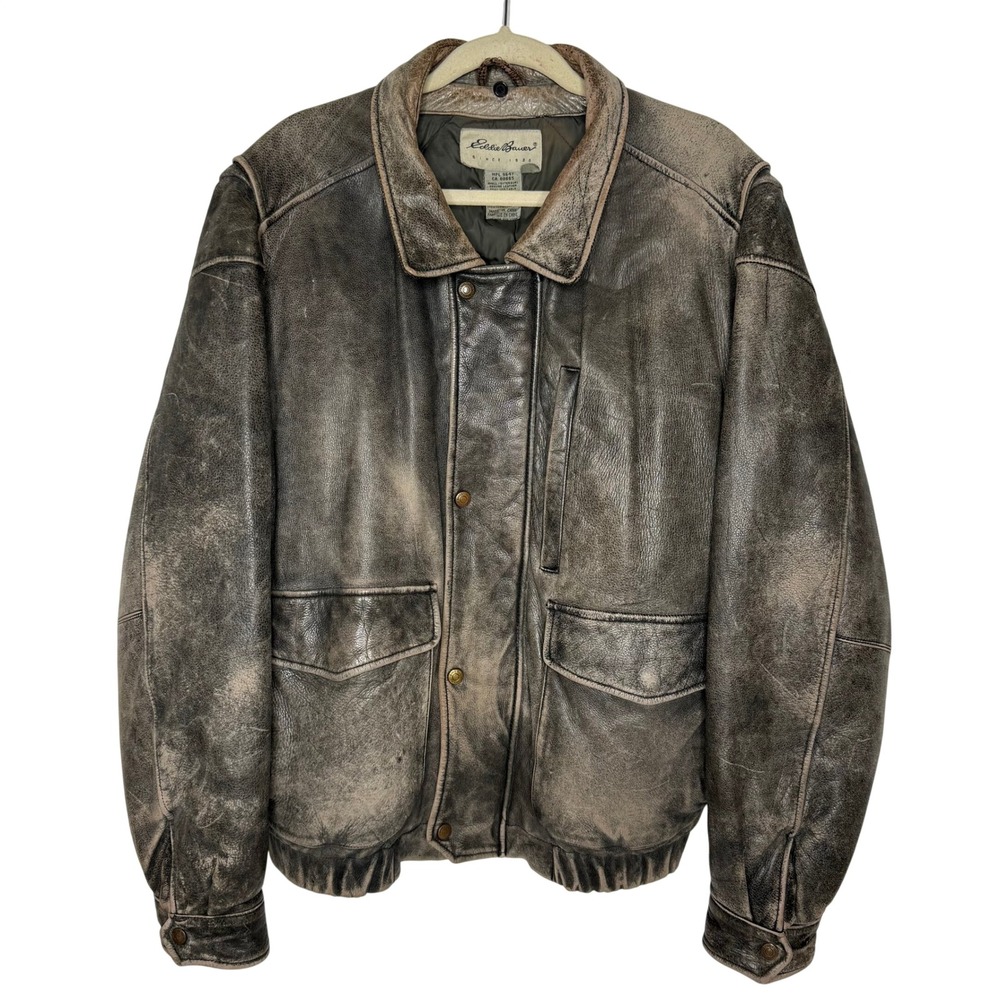 Eddie Bauer Mens Distressed Leather Bomber Jacket Goose Down Quilted Brown L/G